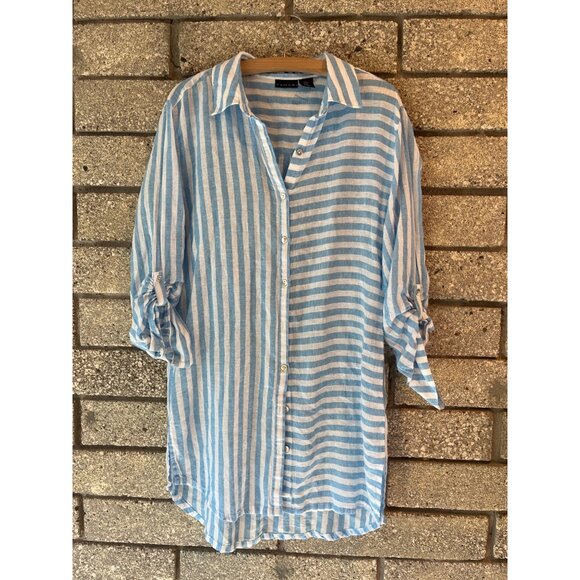 Tahari Womens Blue & White Striped Button-Up Tunic Shirt Medium Linen Blend Roll - Picture 2 of 7